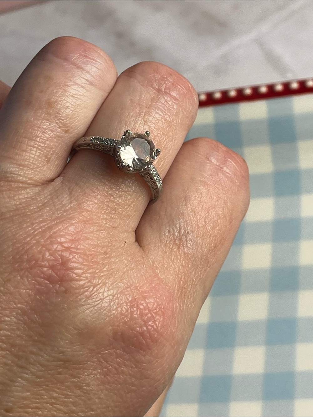 S925 Sterling Silver vintage inspired ring with soft peach Cubic Zirconia Stone